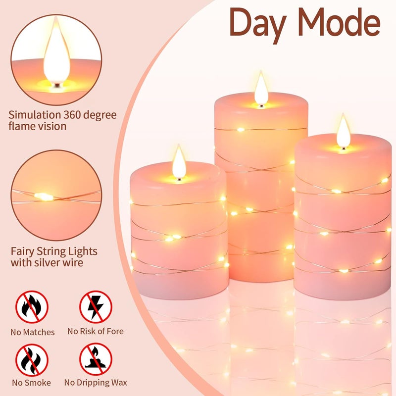 Da by Flameless Candles with String Lights，Battery Operated Candles,LED Flickering Candles with Remote Control and Timer, Real Wax, 3 Pack-Pink - Image 2